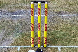 How tall are cricket stumps featuring yellow stumps and black bails